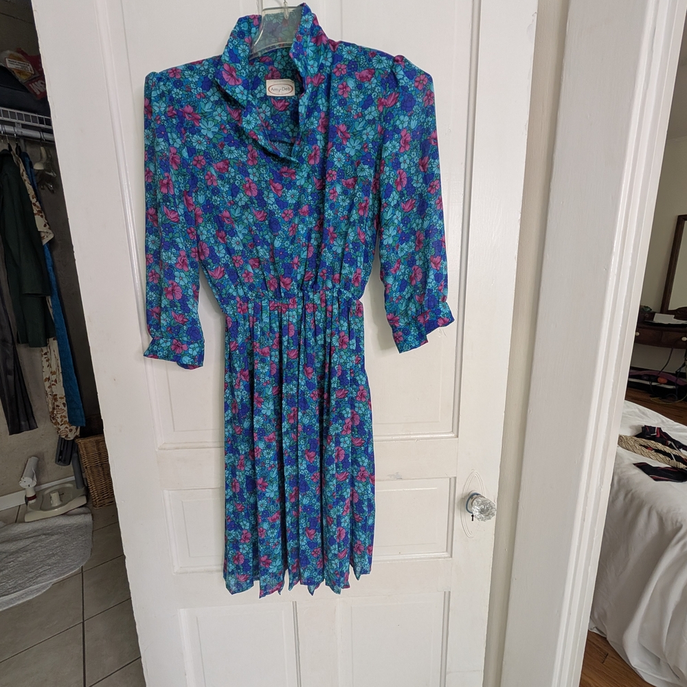 Blue and Purple Pleated Long Sleeve Dress with Tie Front